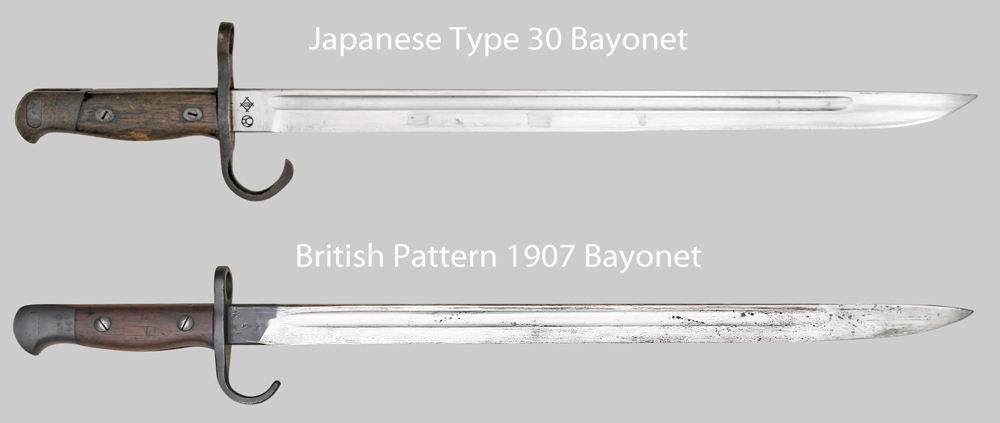 Comparison image of Japanese Type 30 and British Pattern 1907 bayonets.
