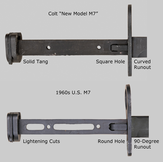 Comparison images of Colt New Model M7 vs. U.S. M7 bayonet-knife.