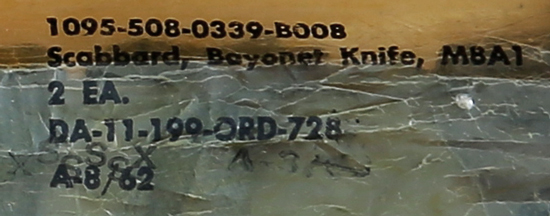 Image of sealed 1963-dated package containing two Viz manufacturing Co. M8A1 Scabbards.