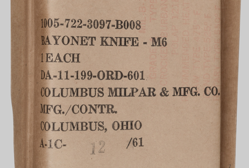 Image of 1961 Columbus Milpar & Manufacturing Co. M6 bayonet taken from sealed packaging.