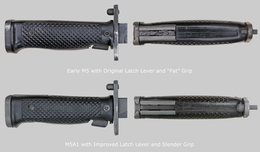 Comparison image showing early M5 grip and latch lever vs. M5A1 grip and latch lever.