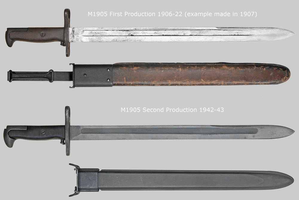 Comparison image showing M1905 first and second production bayonets and scabbards.