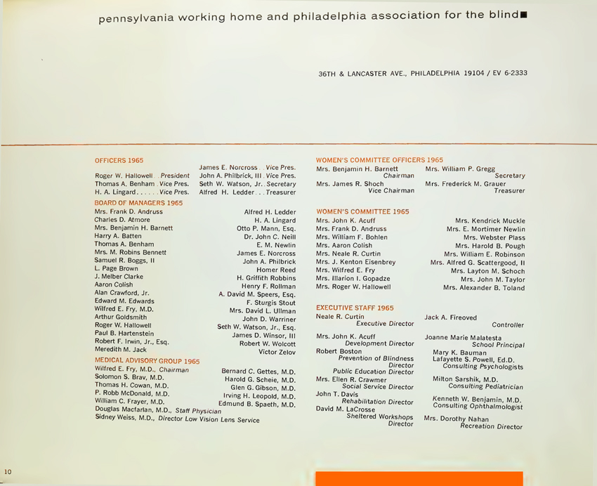 Page from the pennsylvania Working Home for the Blind 1965 Annual Report showing Victor Zelov serving on the Working Home's Board of managers.