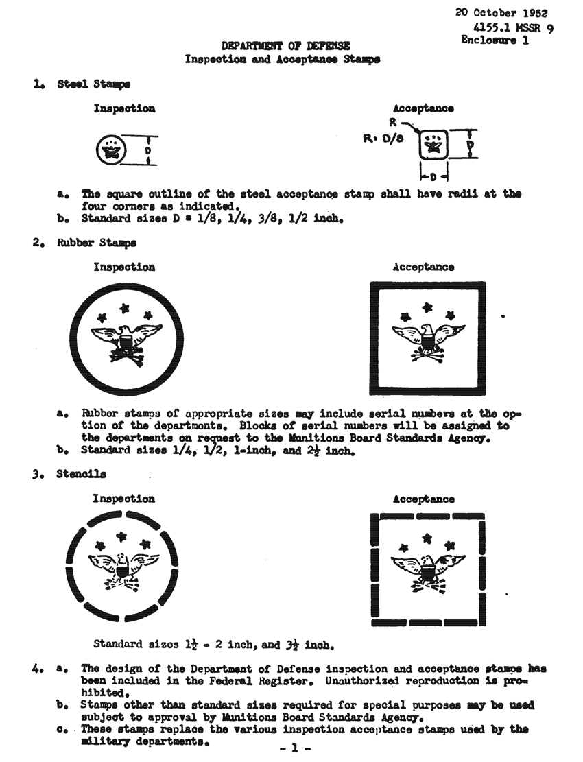 Image of original specifications for the Defense Acceptance Stamp.